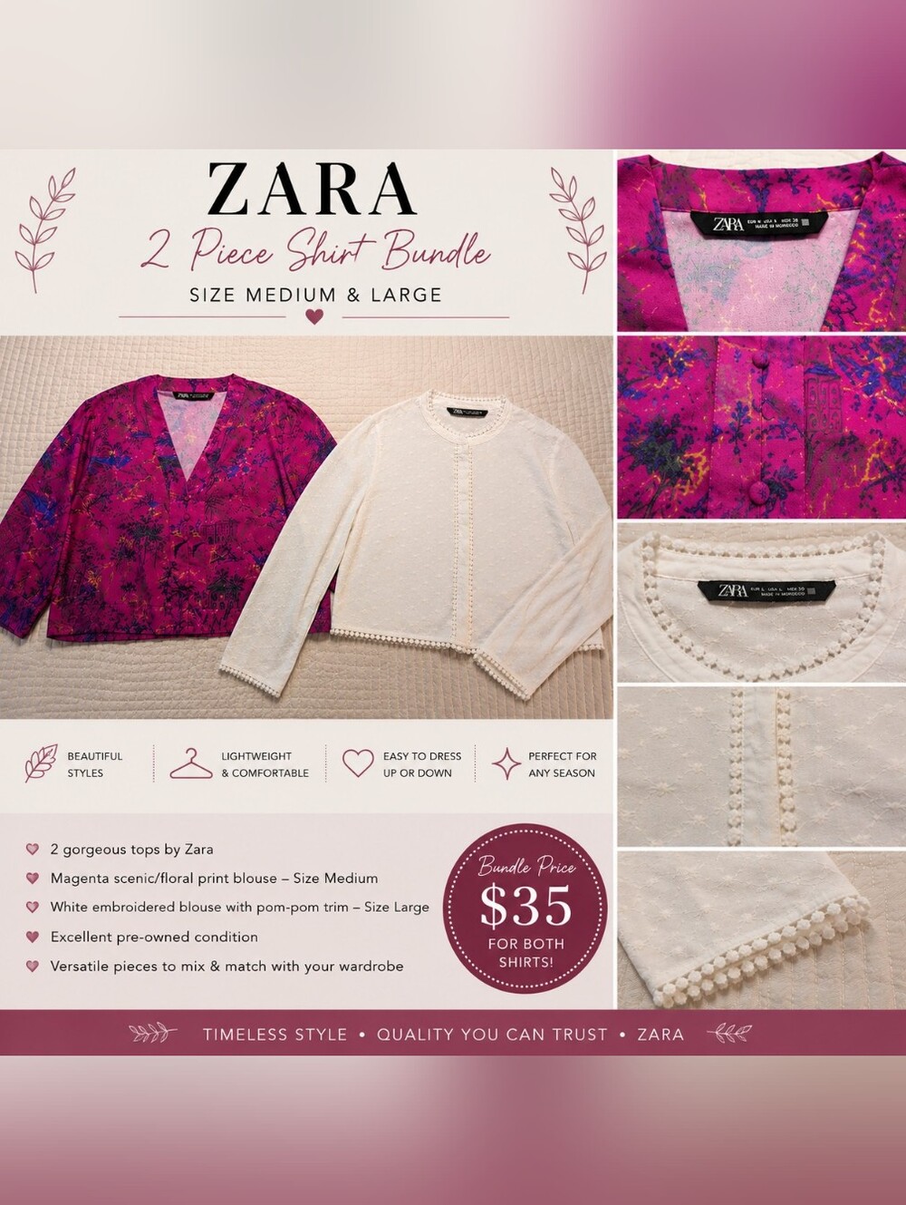 Zara Blouse Bundle | 2 Tops | Sizes M & L | White & Magenta